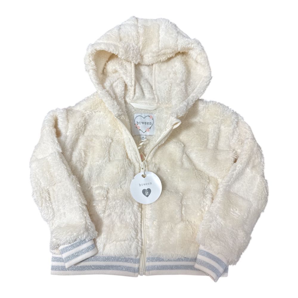 btween Cozy Plush Faux‎ Fur Bomber Jacket with Hood Girls Zip Up Winter Coat 3T
